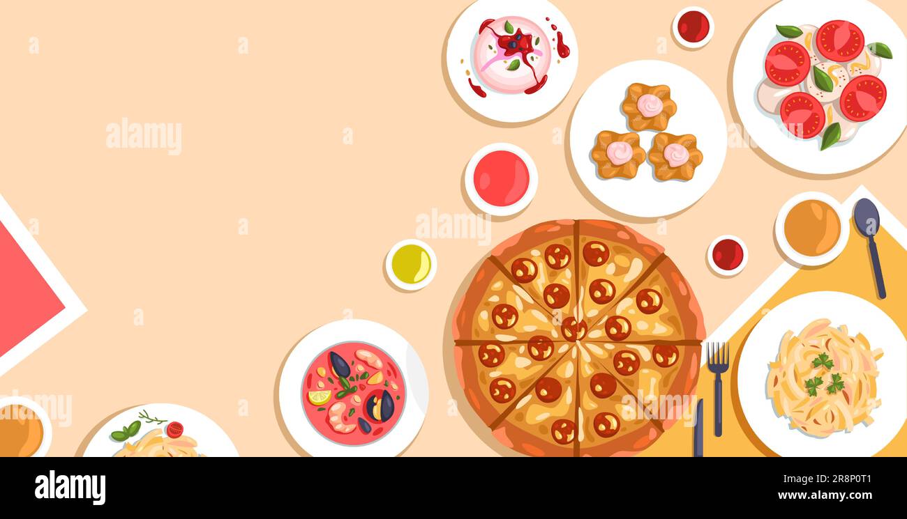 Banner cucina italiana. Prodotti alimentari naturali mediterranei, olio d'oliva, pizza, design di prodotti alimentari italiani per il ristorante di cucina tradizionale. Vettore ba Illustrazione Vettoriale