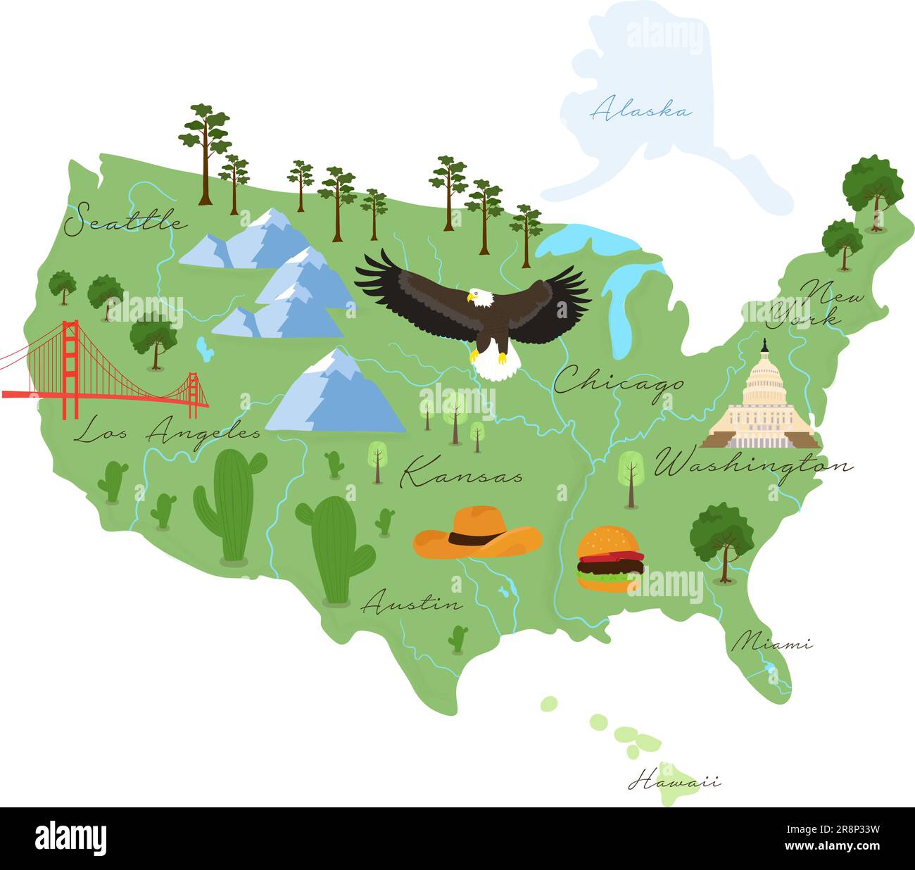 Infografiche turistiche sull'America. Cartoon mappa degli Stati Uniti. Illustrazione del viaggio con monumenti storici, fiumi, cibo e piante. Simboli nazionali. Famose attrazioni Illustrazione Vettoriale
