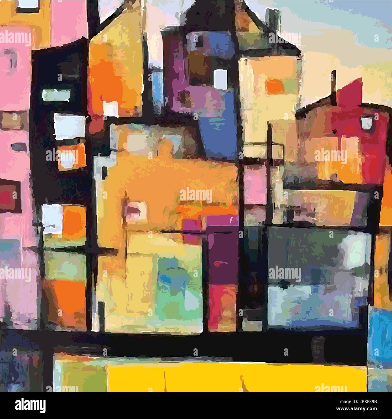 Vector Modern Abstract Illustration Painting Town Village Hill, colori multipli espressivi Illustrazione Vettoriale