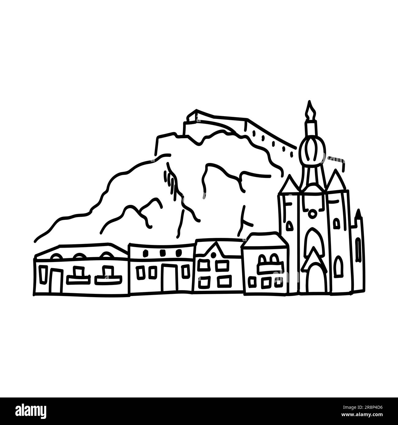 Disegno a mano doodle contorno icona del castello europeo in montagna. Punti di riferimento delle città europee. semplici disegni di facciate Illustrazione Vettoriale