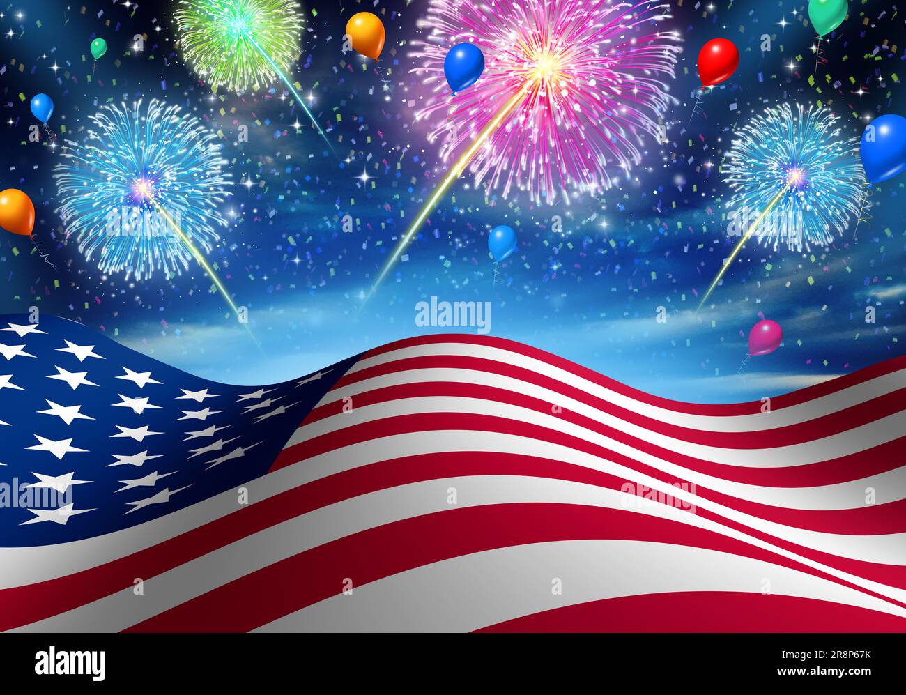 Quarto di luglio e festa dell'Indipendenza negli Stati Uniti celebrazione con la bandiera americana e fuochi d'artificio come a per celebrare la libertà e il patriottismo Foto Stock