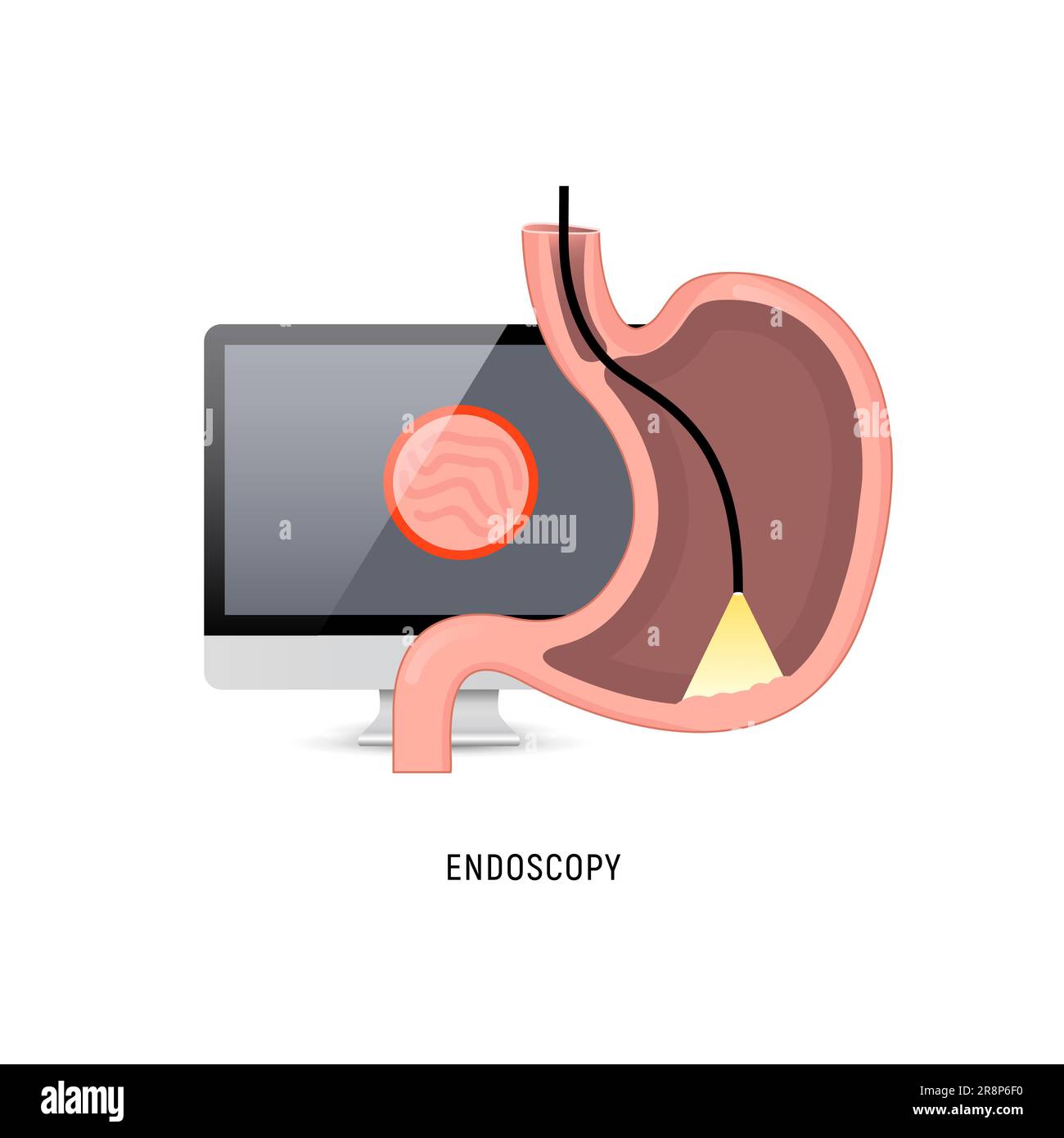 Icona del logo endoscopia. Gastroscopia dello stomaco cartone animato gastrite medicina segno cancro egd sistema icona. Illustrazione Vettoriale