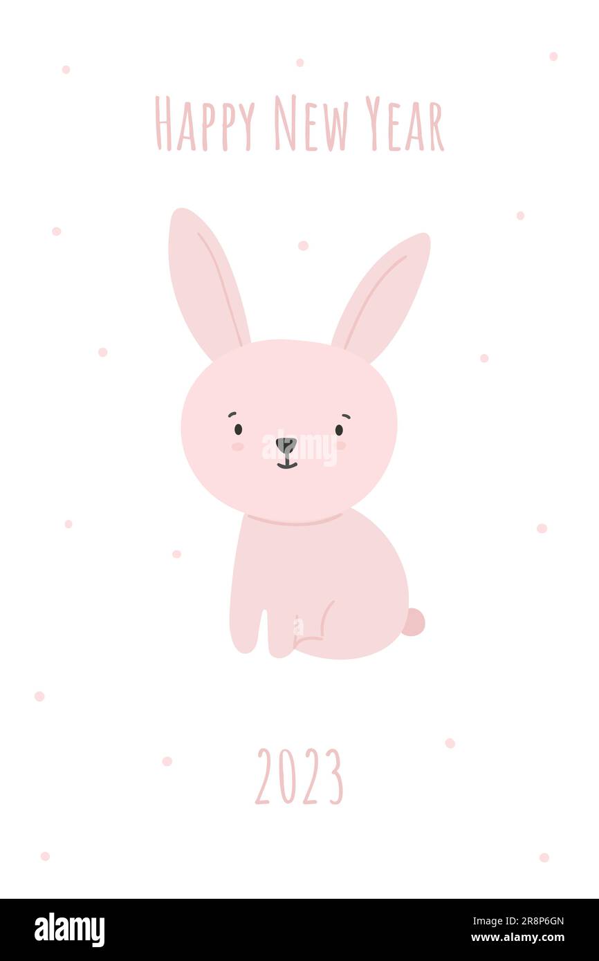 Buon anno nuovo 2023 Banner Poster con coniglio e calligrafico 2023. Carino doodle disegno mano elemento disegno vettore illustrazione Illustrazione Vettoriale