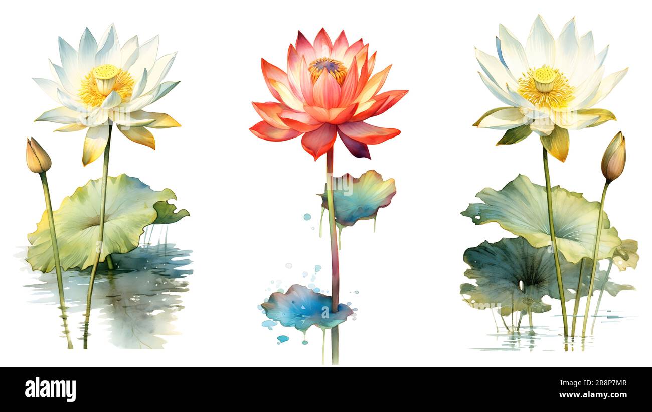 Percorso di ritaglio, pittura ad acquerello in stile botanico di fiori di loto clip art su sfondo bianco. Foto Stock