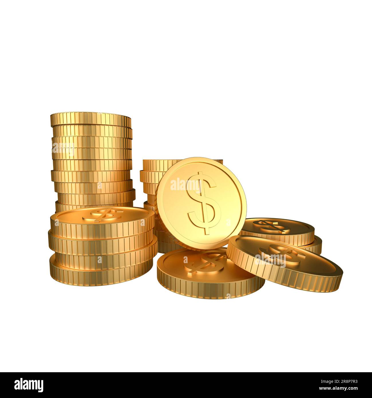 Pile di monete d'oro su sfondo bianco, rendering 3d. Foto Stock