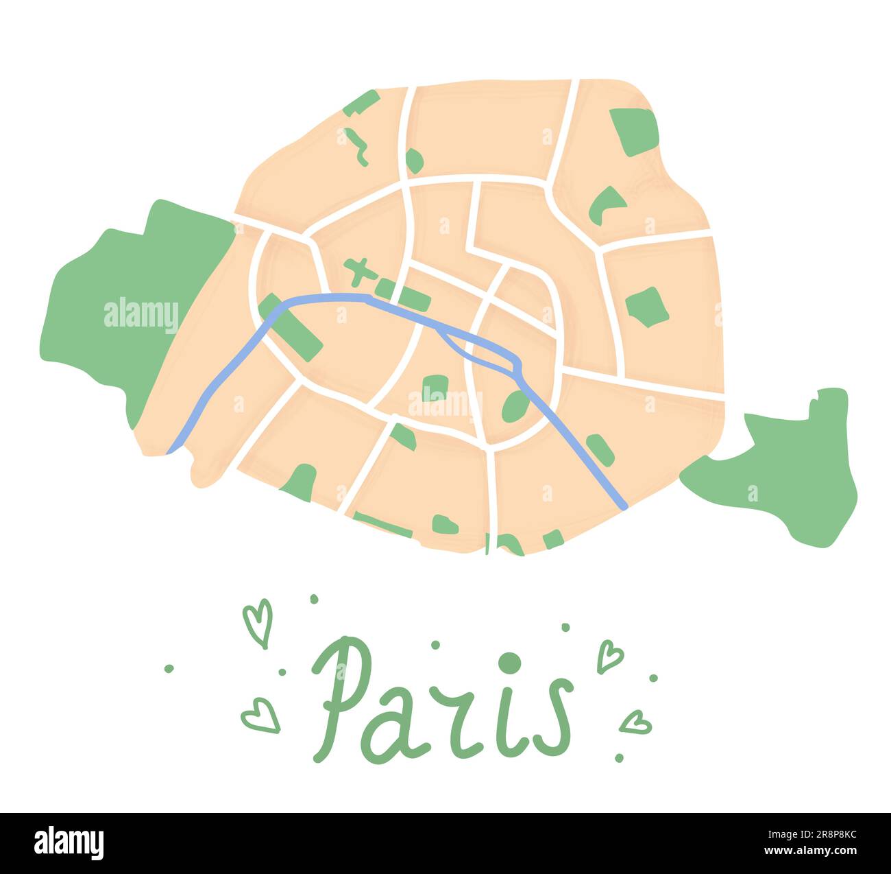 Cartoon mappa piatta del centro di Parigi. La Senna è blu, Bois de Boulogne e Bois de Vincennes sono verdi. Divertente carina mappa della città europea. Vect Illustrazione Vettoriale