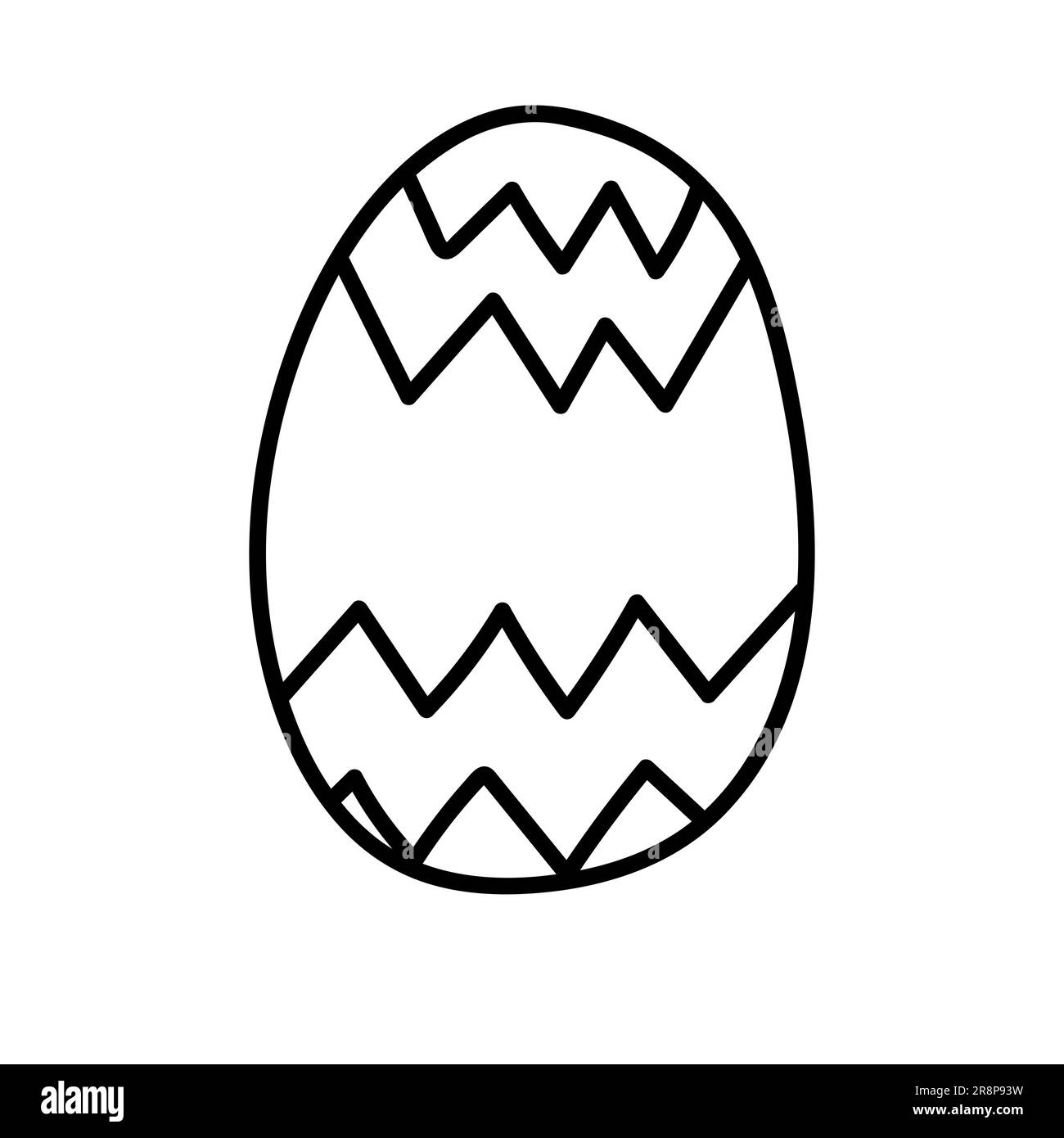 Un uovo di pasqua con zig zag nero, bordi affilati, ornamento a linee spezzate su sfondo bianco. Semplici simboli per le vacanze primaverili. Illustrazione Vettoriale