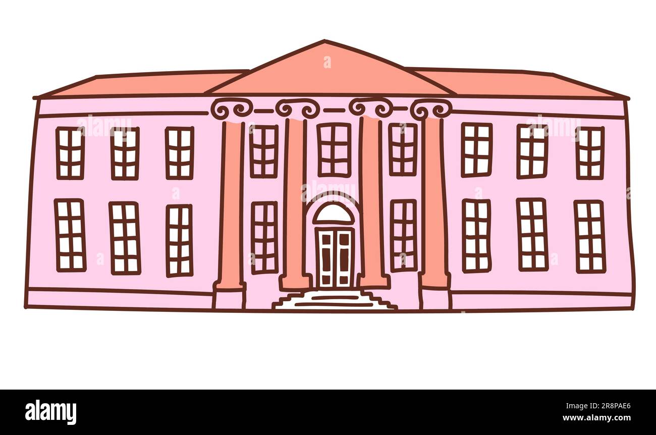 edificio urbano in stile classico con colonne con capitelli. Vecchia università o museo. Illustrazione vettoriale isolata su sfondo bianco Illustrazione Vettoriale