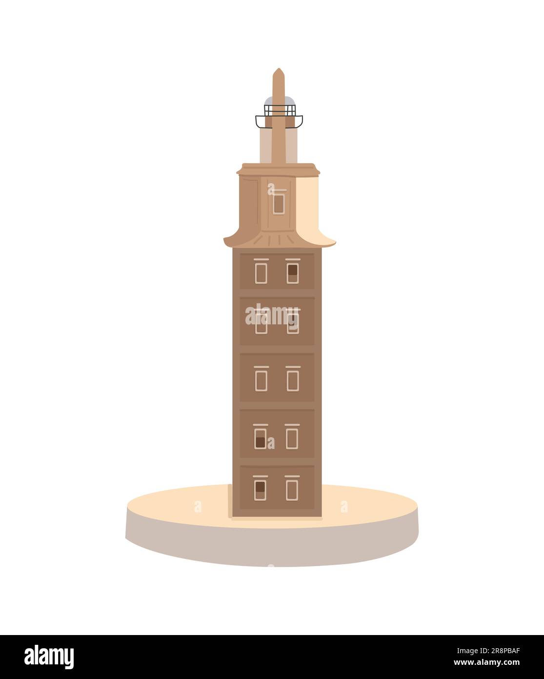 Punto di riferimento nazionale spagnolo disegnato a mano. Torre de H rcules de A Coru a. Doodle cartoon illustrazione vettoriale colorata isolato su bianco. Illustrazione Vettoriale