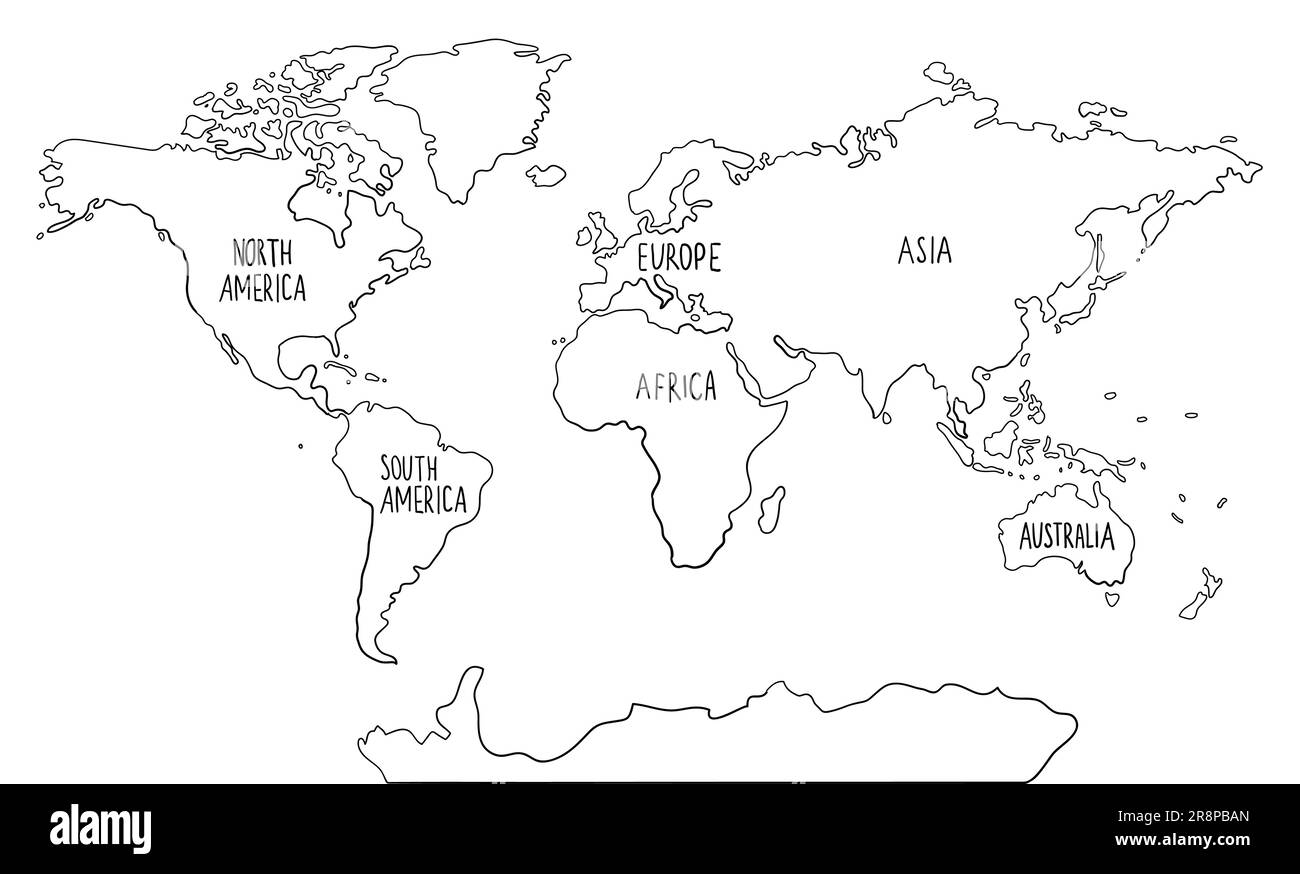 Mappa del mondo di Doodle disegnata a mano con i continenti. Nord e Sud America, Europa, Asia, Australia, Africa. Illustrazione vettoriale in bianco e nero Illustrazione Vettoriale
