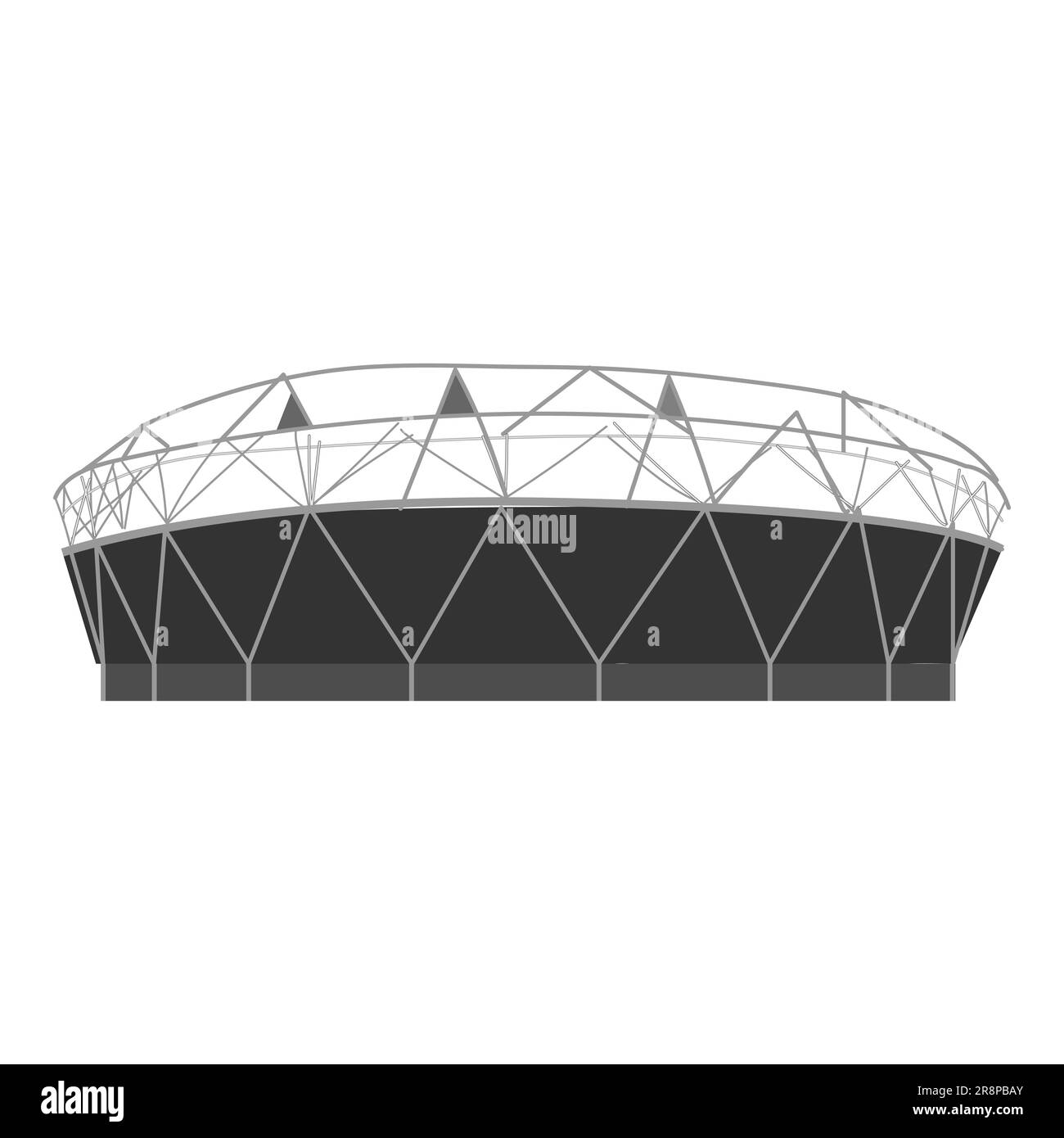 Stadio vettoriale disegnato a mano. Campo da gioco di calcio di Fotball. Edificio moderno con molti supporti o tubi grigi. Illustrazione vettoriale isolata in bianco Illustrazione Vettoriale