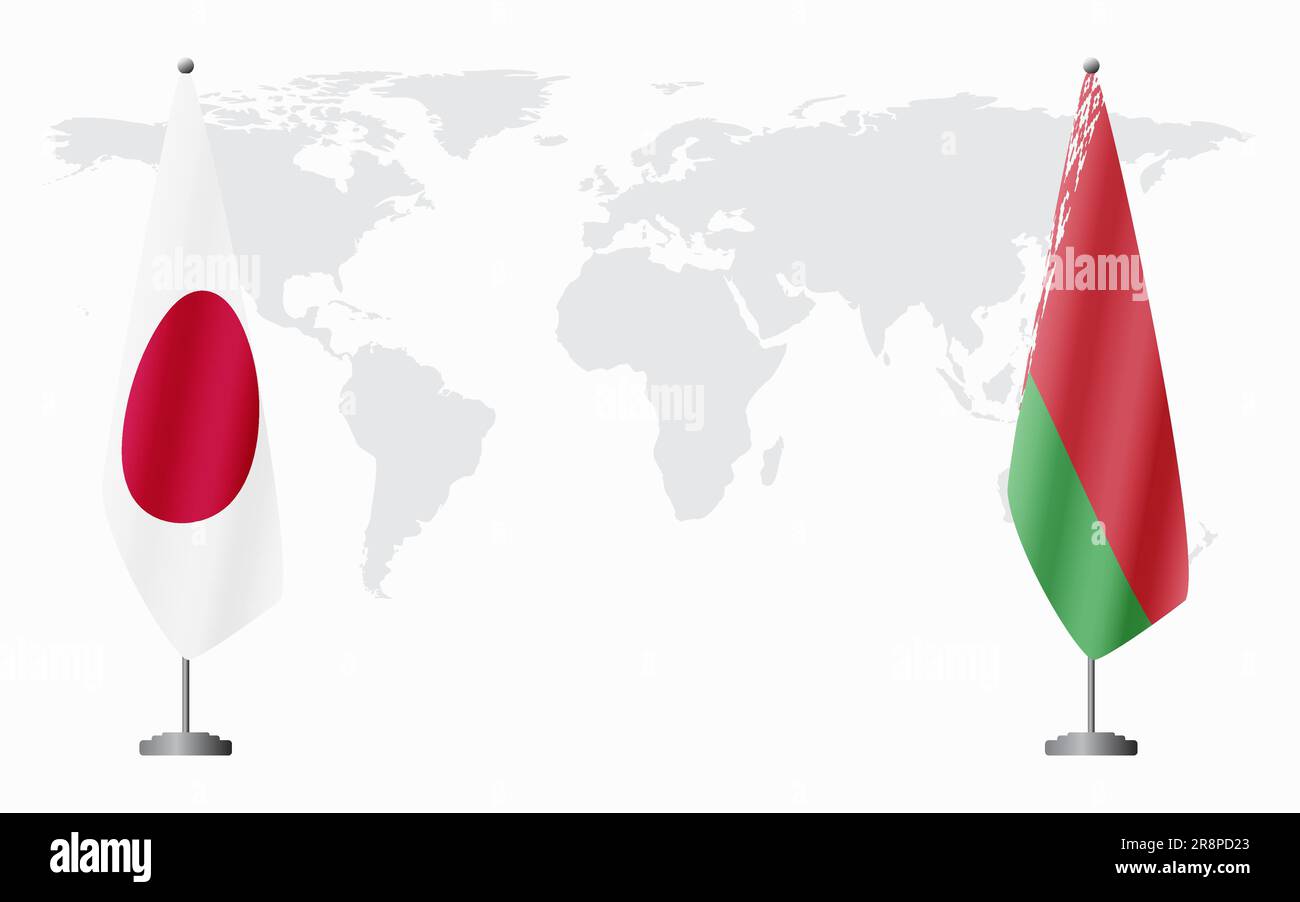 Bandiere giapponesi e bielorusse per l'incontro ufficiale sullo sfondo della mappa mondiale. Illustrazione Vettoriale