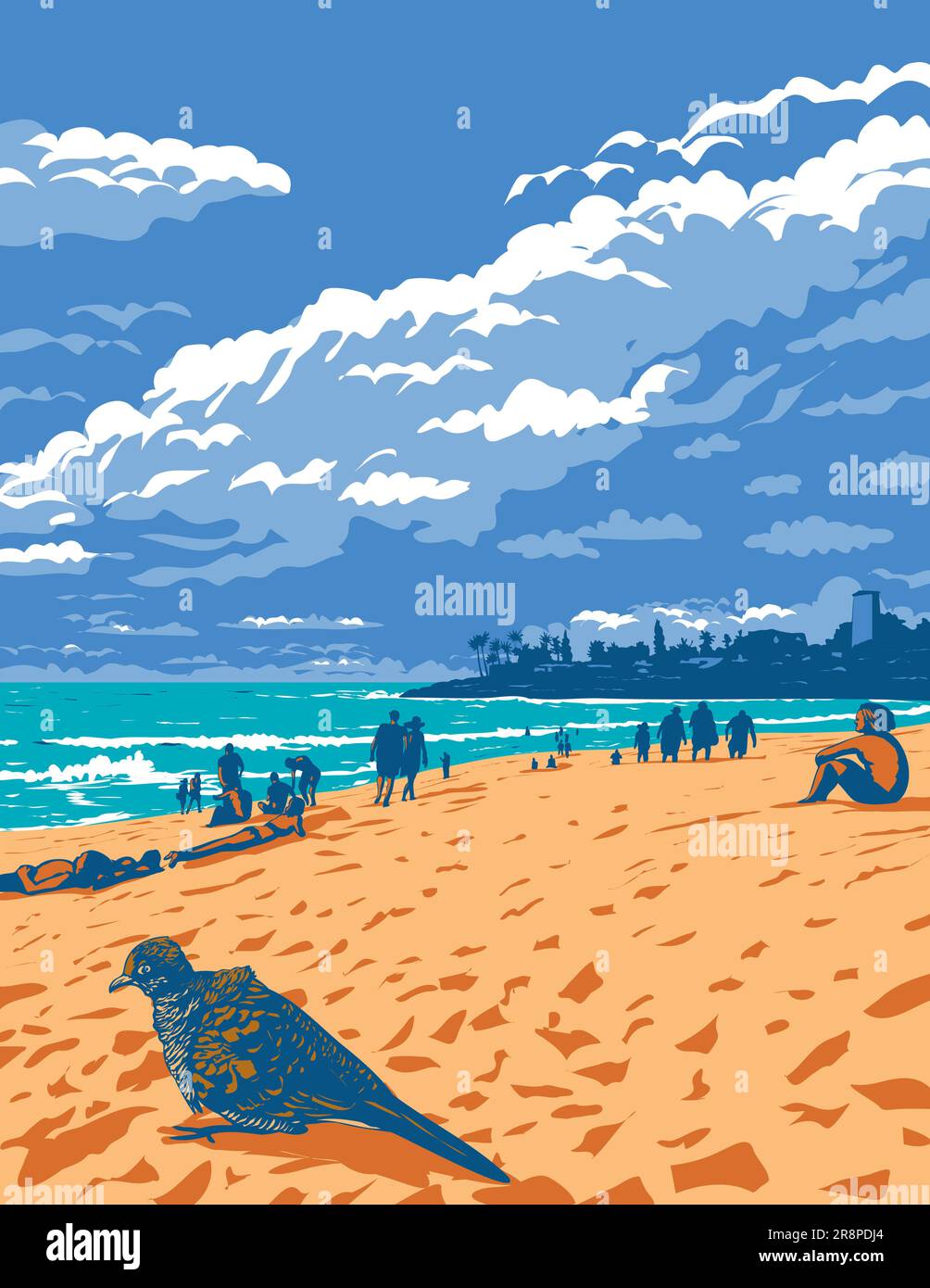 WPA poster arte di zebra colomba e surfista a Waimea Bay Beach all'interno del Pupukea Marine Life Conservation District a North Shore, Oahu , Hawaii, USA fatto i Foto Stock