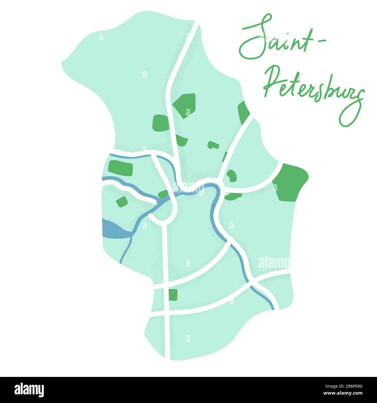 Cartoon piano mappa del centro di Saint-Petersburs. Il fiume Neva è blu, la terra è verde. Divertente e carina mappa della città russa europea. Illustrazione vettoriale Illustrazione Vettoriale