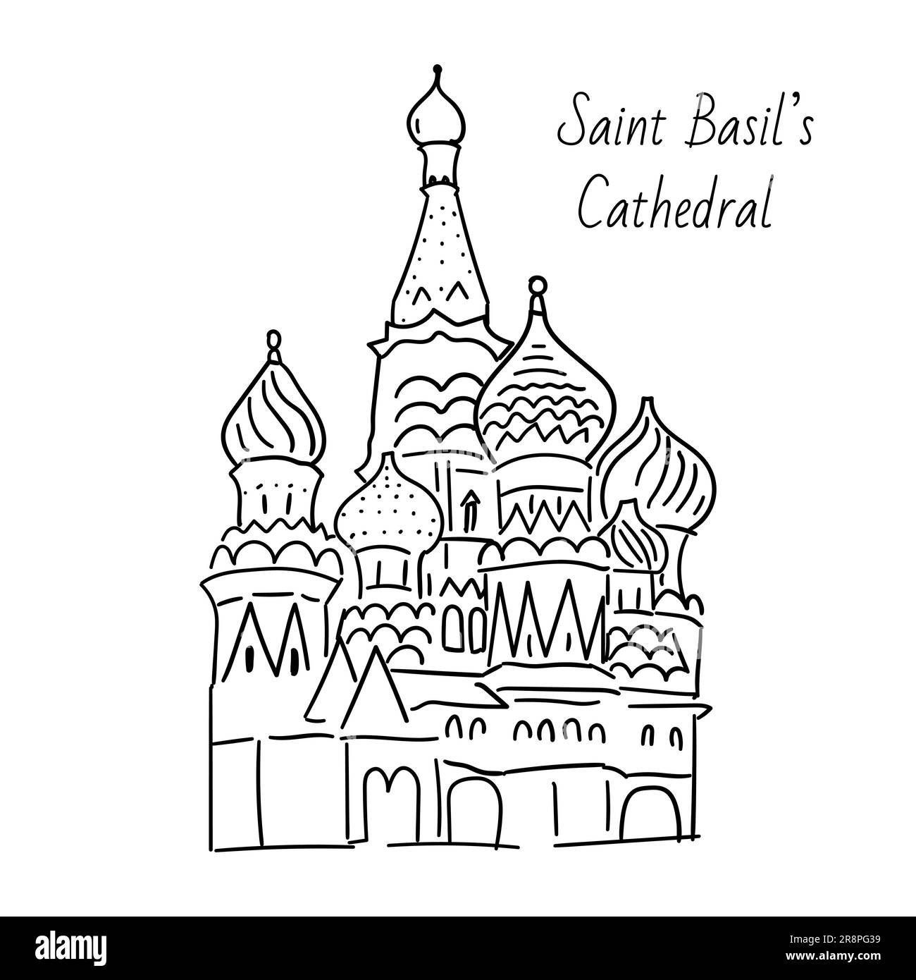 Disegno a mano dei punti di riferimento di Mosca. Cattedrale di San Basilio sulla Piazza Rossa. linea nera su sfondo bianco. Illustrazione Vettoriale