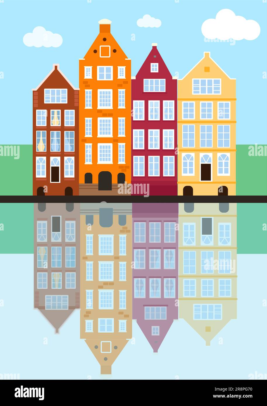 Amsterdam vecchia casa in stile olandese. via ad Amsterdam con edifici tradizionali, riflessi nell'acqua, cielo blu. Illustrazione vettoriale in Fla Illustrazione Vettoriale