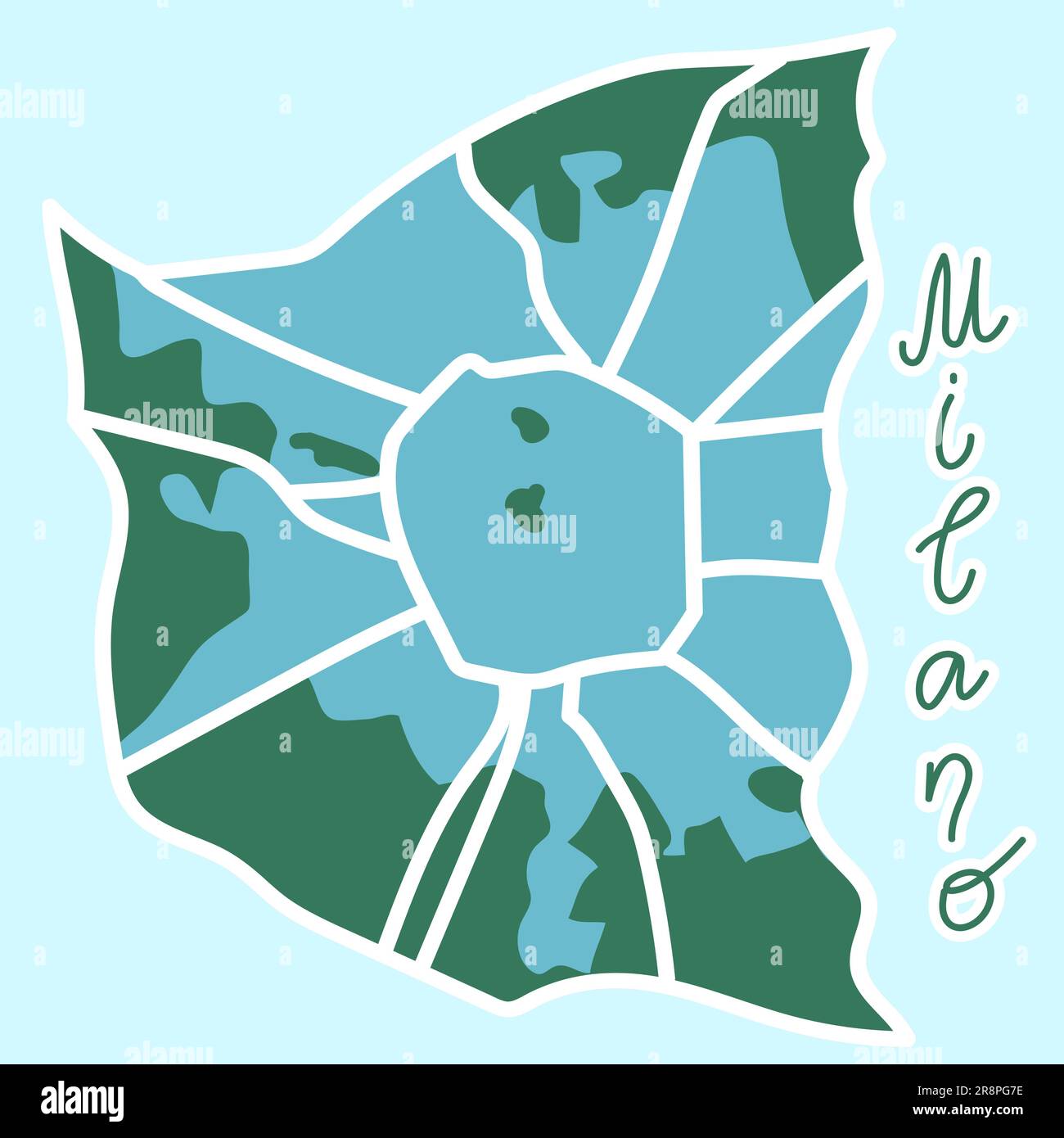 Cartoon piano mappa del centro di Milano. la terra è blu. Strade bianche della posta. Divertente e carina mappa della città italiana europea. Illustrazione vettoriale Illustrazione Vettoriale