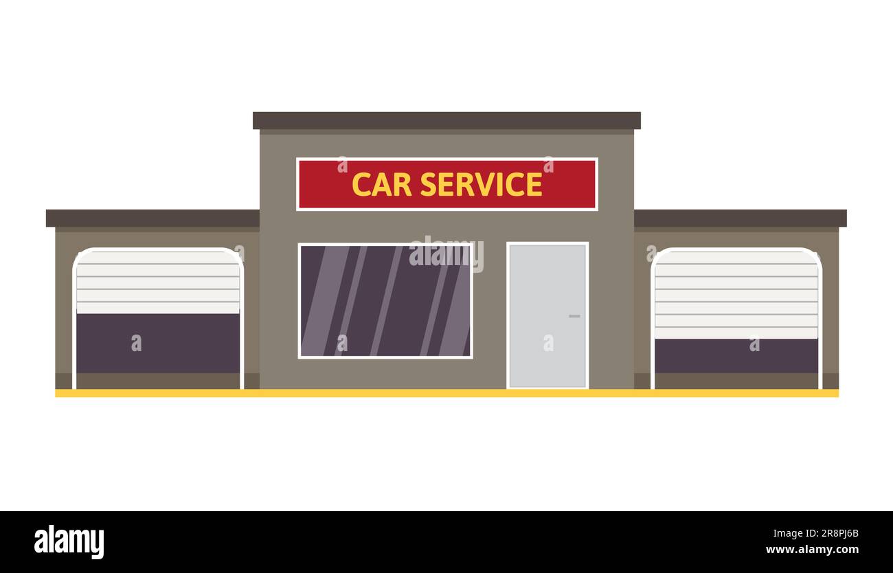 Servizio auto e riparazione edificio con due garage aperti grigi. Officina meccanica con cartello rosso. Illustrazione vettoriale isolata in bianco Illustrazione Vettoriale