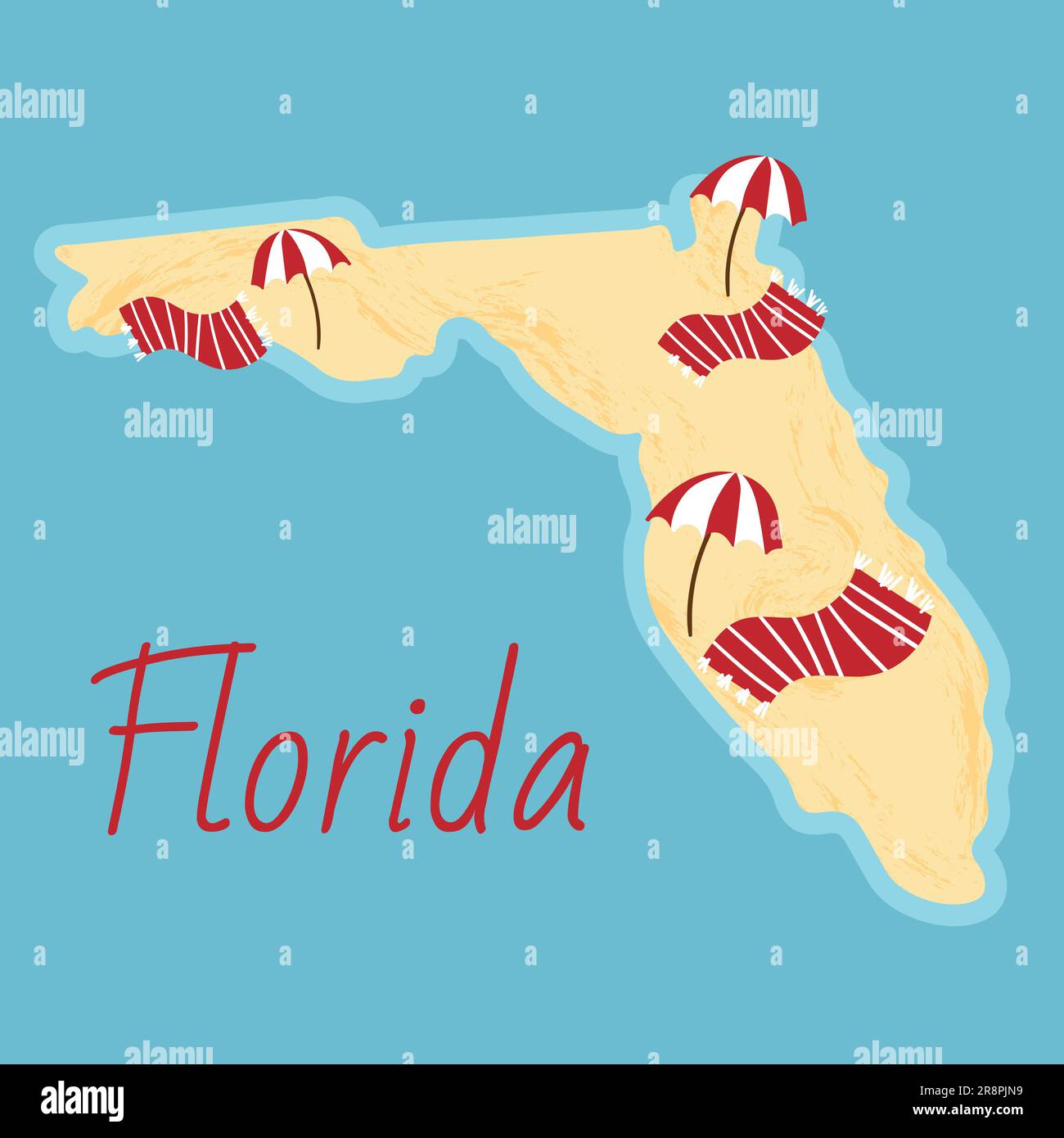 Semplice mappa di confine della Florida - stato del sud degli Stati Uniti. Alcuni ombrelloni e asciugamani da spiaggia. Terreno con fondo testurizzato e scritta arancione Illustrazione Vettoriale