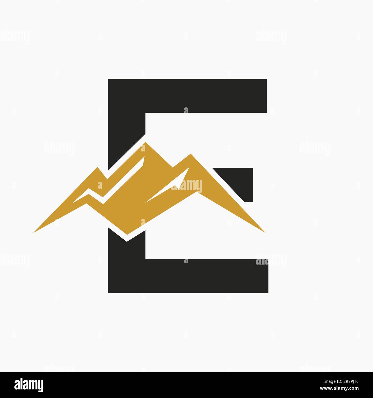 Logo di montaggio lettera E. Mountain Nature Landscape Logo si combina con Hill icona e modello Illustrazione Vettoriale