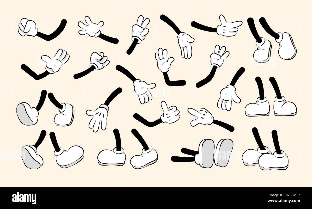 Cartoon mani e gambe collezione. Carino retro animazione piedi bianchi e guanti personaggi parti del corpo, astratto semplice divertente persona gesti. Com. Vettoriale Illustrazione Vettoriale