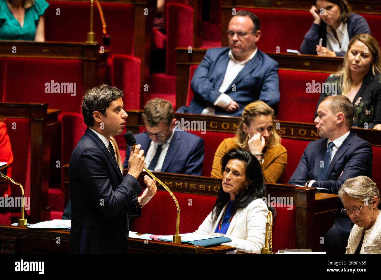 Parigi, Francia. 20th giugno, 2023. Gabriel Attal, ministro dei conti pubblici, durante la sessione di domande al governo, ha tenuto discorsi all'Assemblea Nazionale. Sessione di domande per il governo di Elisabetta portato all'Assemblea Nazionale, al Palais Bourbon di Parigi. (Foto di Telmo Pinto/SOPA Images/Sipa USA) Credit: Sipa USA/Alamy Live News Foto Stock