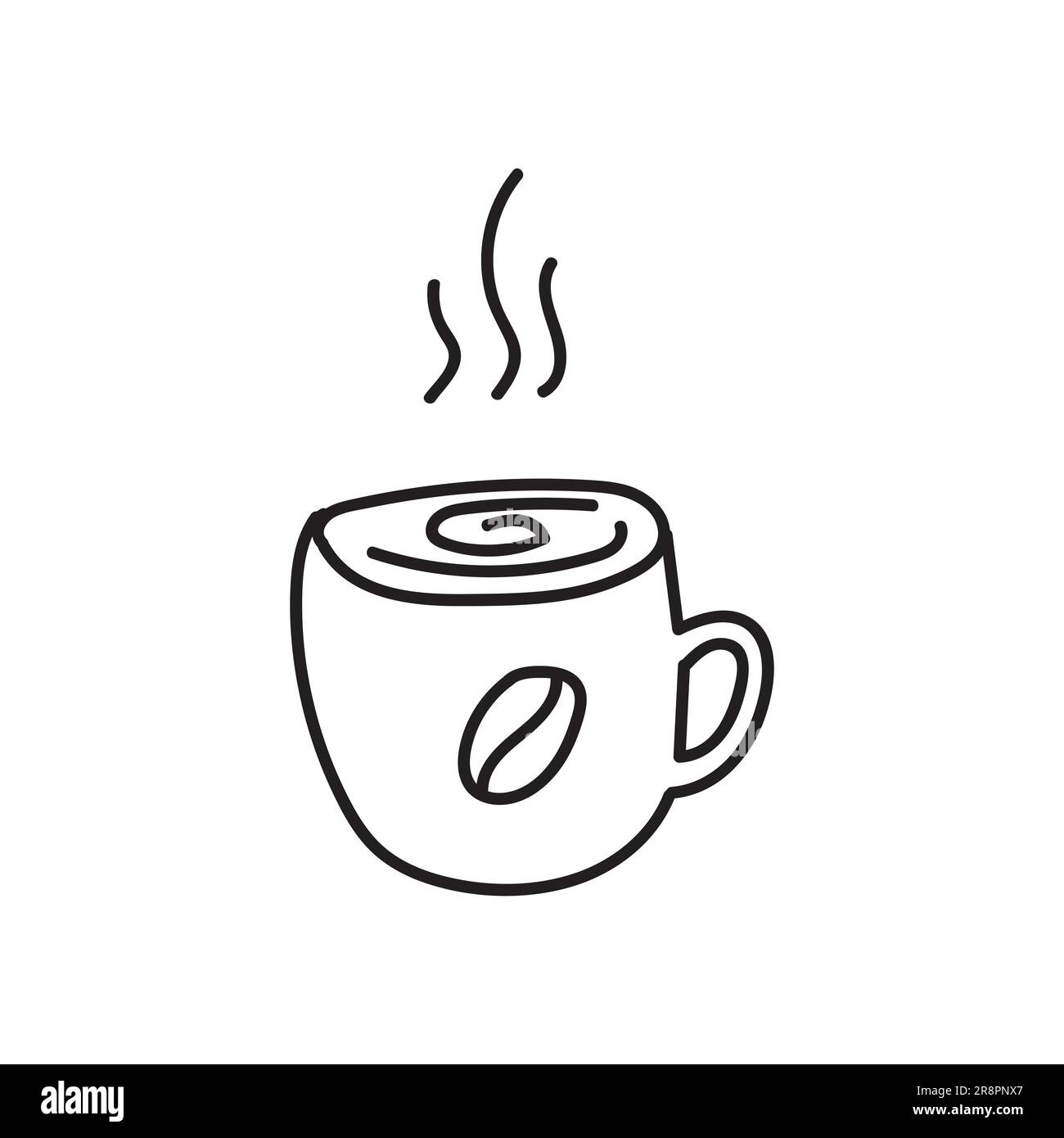 Tazza da caffè a pasta disegnata a mano con vapore e chicchi di caffè. Tratto spesso nero. Illustrazione vettoriale isolata su sfondo bianco Illustrazione Vettoriale