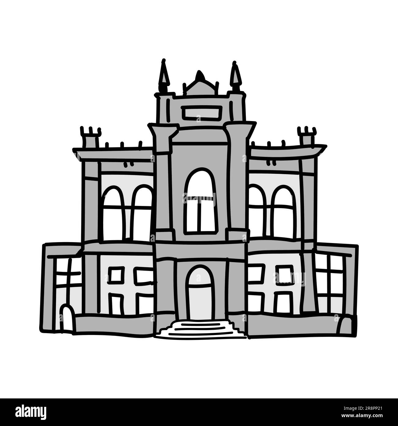 Edificio urbano grigio in stile classico con colonne con capitelli. Vecchia università o museo. Illustrazione vettoriale isolata su sfondo bianco Illustrazione Vettoriale