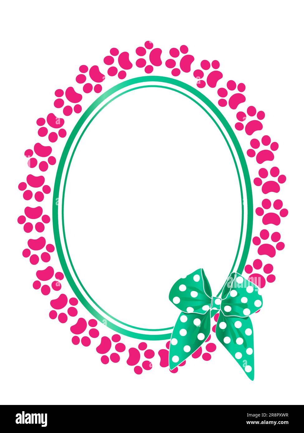Cornice decorativa ovale con zampa rosa che stampa animali e fiocco verde. Illustrazione Vettoriale