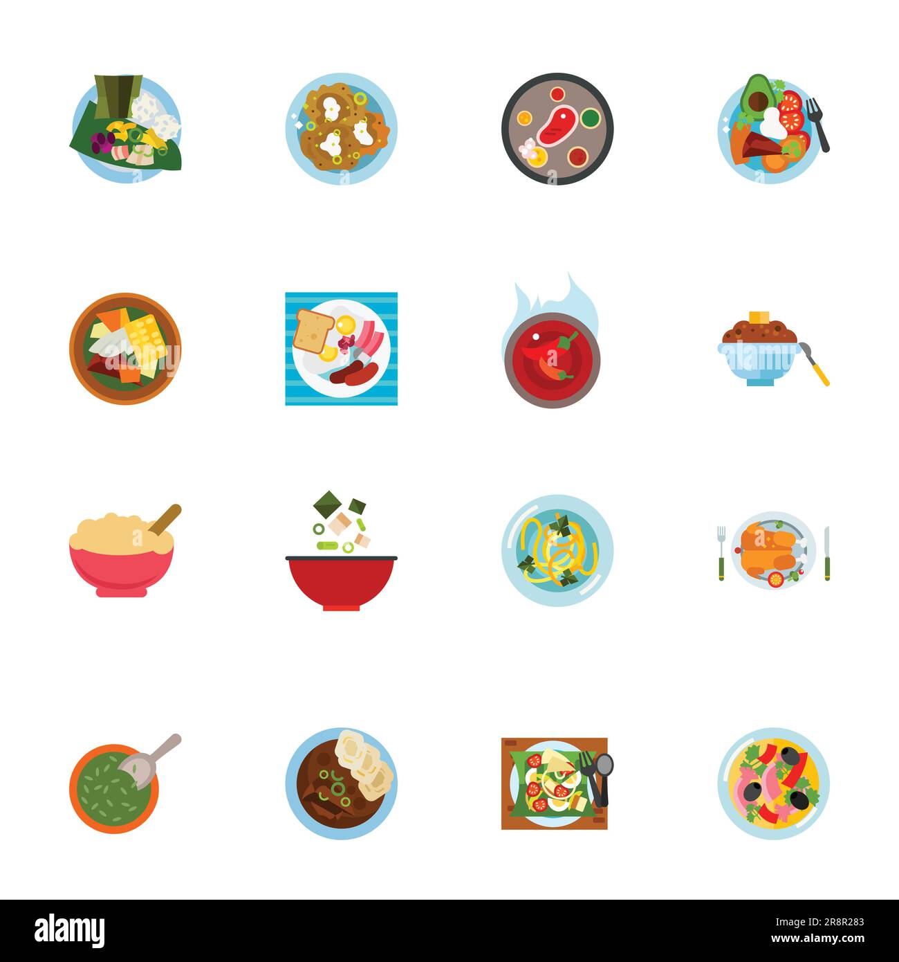 Pranzo tradizionale in diversi paesi. Set di icone colorate piatte Illustrazione Vettoriale