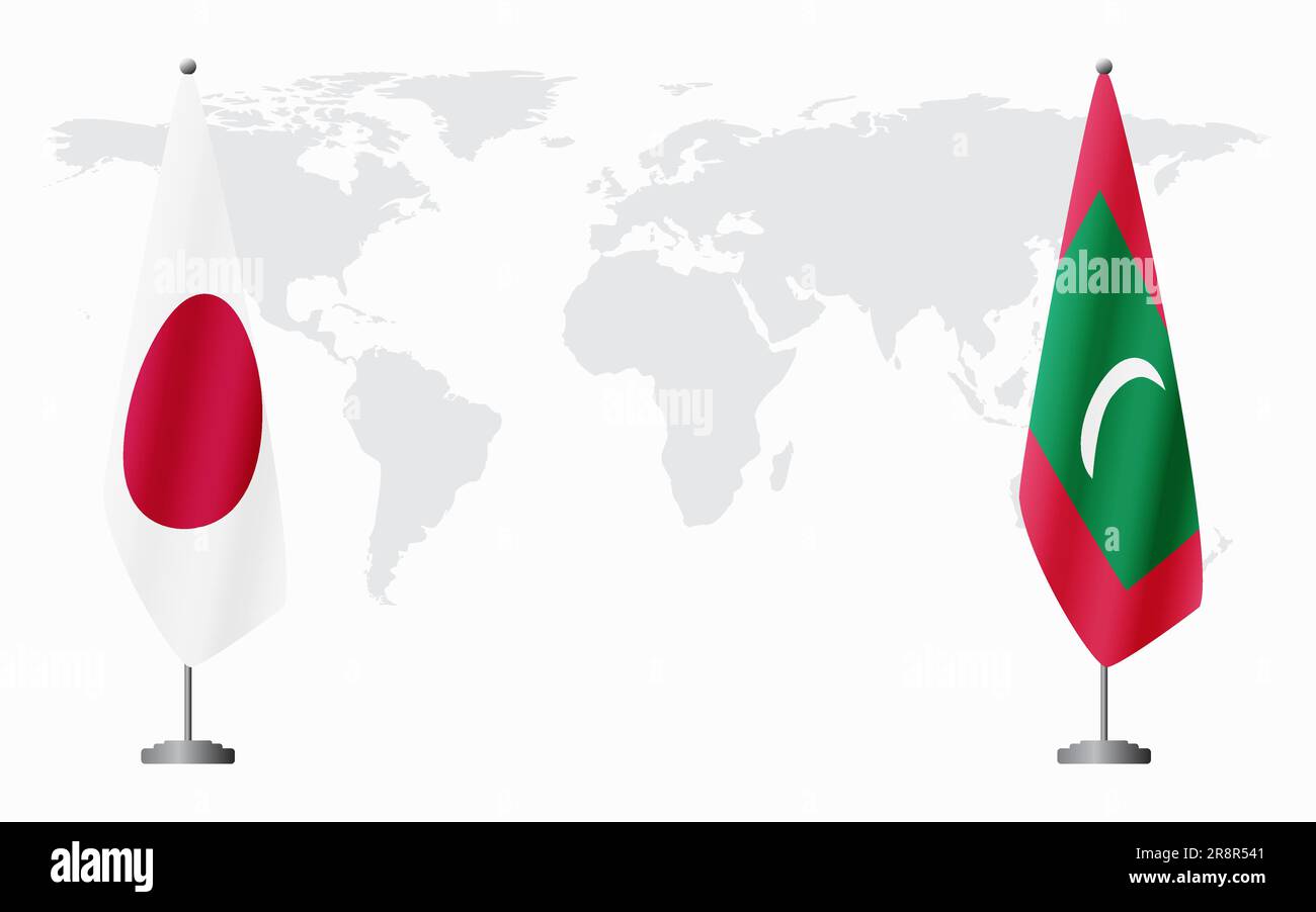 Bandiere del Giappone e delle Maldive per l'incontro ufficiale sullo sfondo della mappa mondiale. Illustrazione Vettoriale