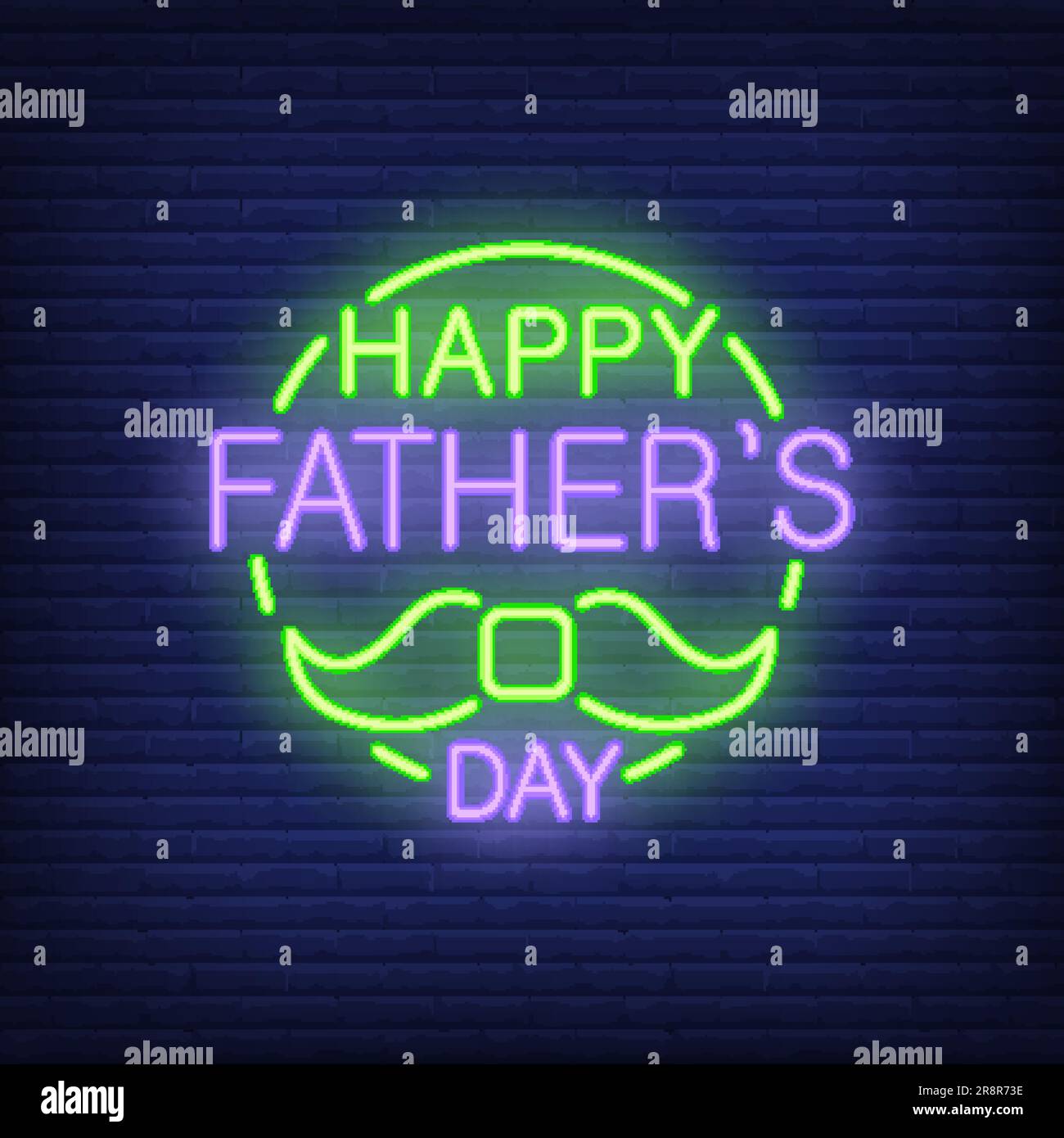 Scritta del giorno dei Padri felici con baffi. Icona in stile neon Illustrazione Vettoriale