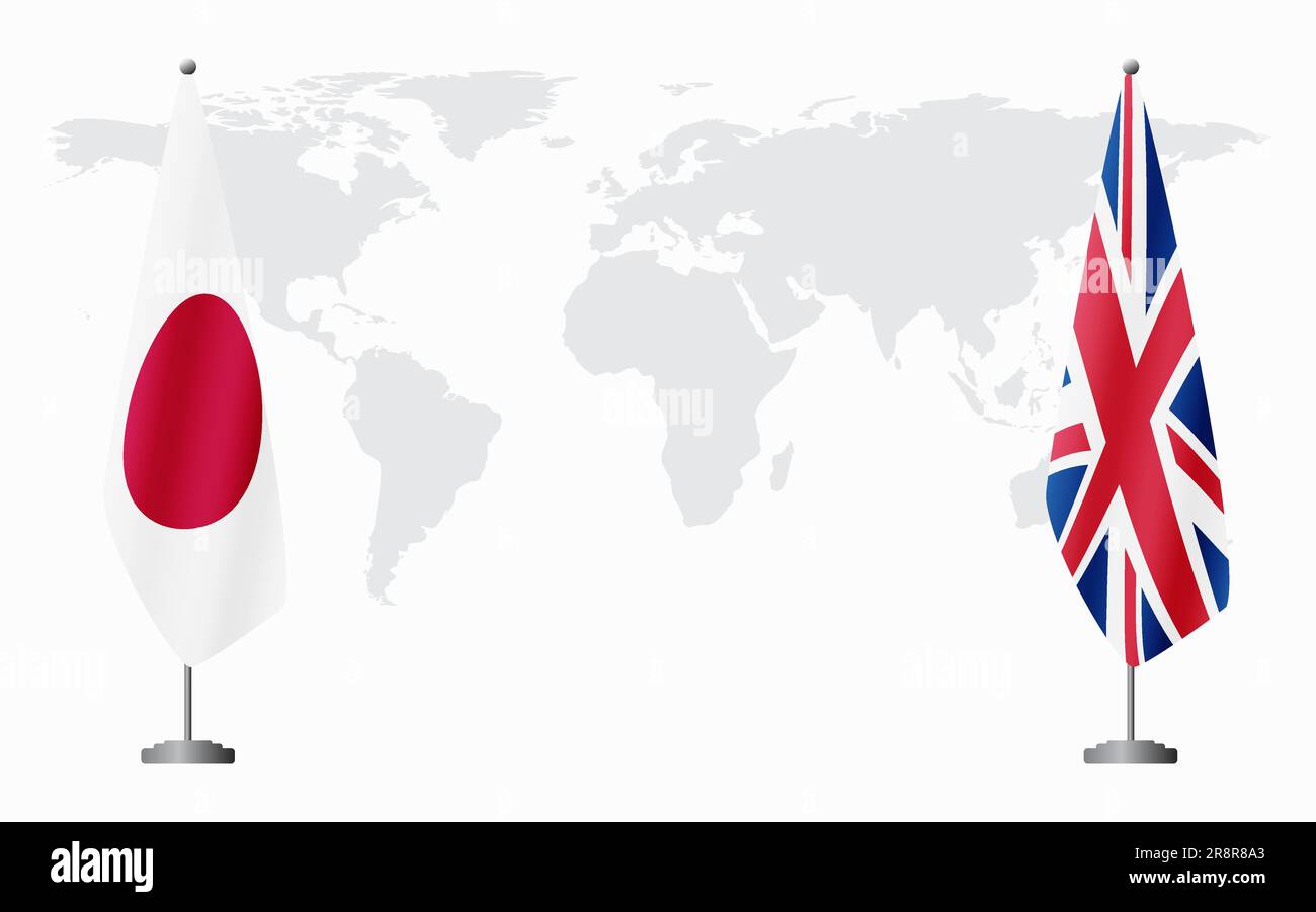 Bandiere del Giappone e del Regno Unito per l'incontro ufficiale sullo sfondo della mappa mondiale. Illustrazione Vettoriale
