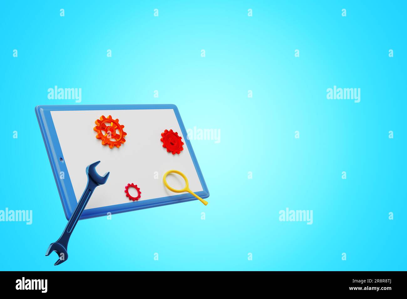 Ingranaggi sullo schermo di un tablet. Aggiornamento del sistema. rendering 3d. Foto Stock