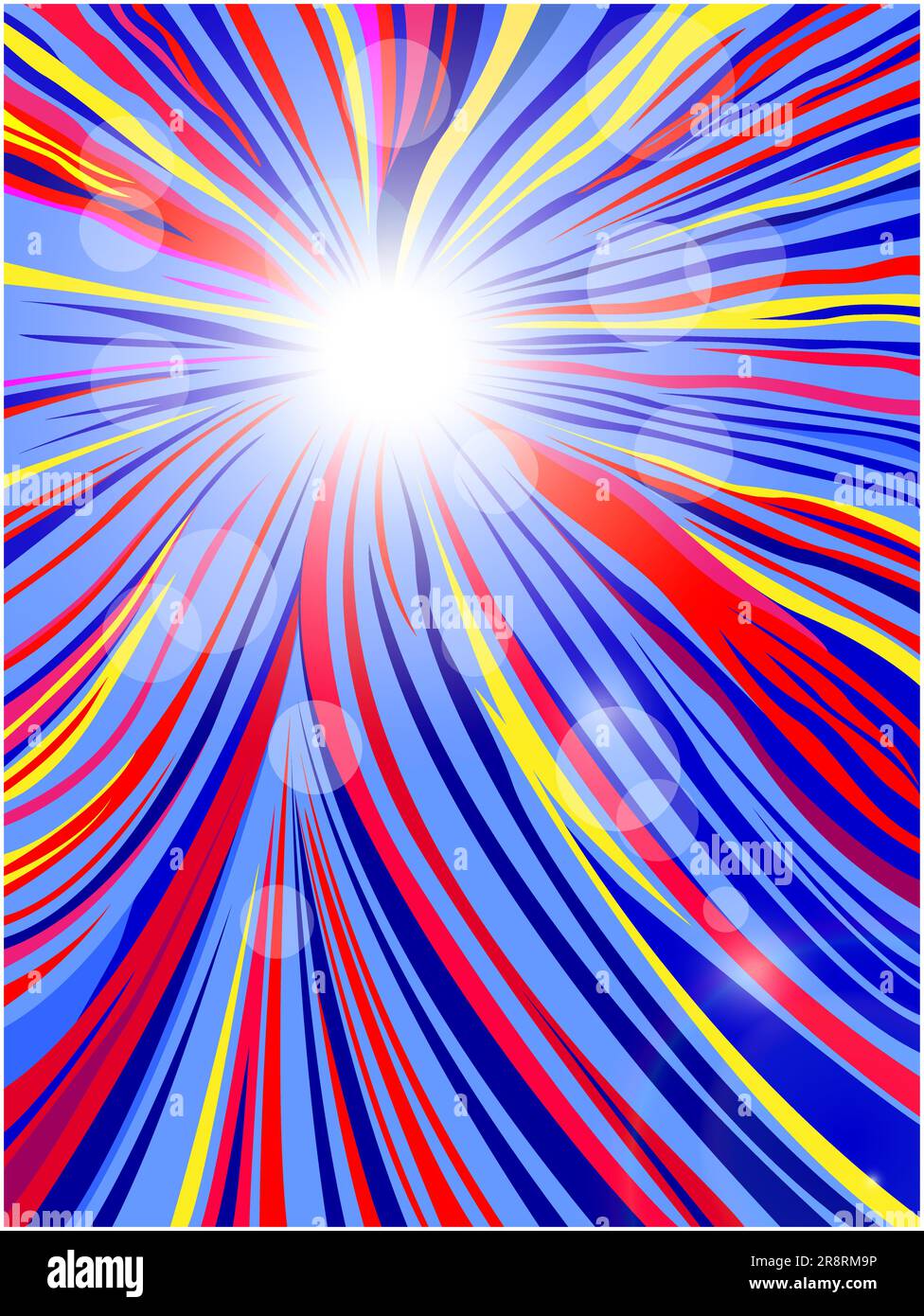 Raggi luminosi ondulati multicolori con sfondo decorativo bokeh astratto di arte fantasy estiva. Illustrazione Vettoriale