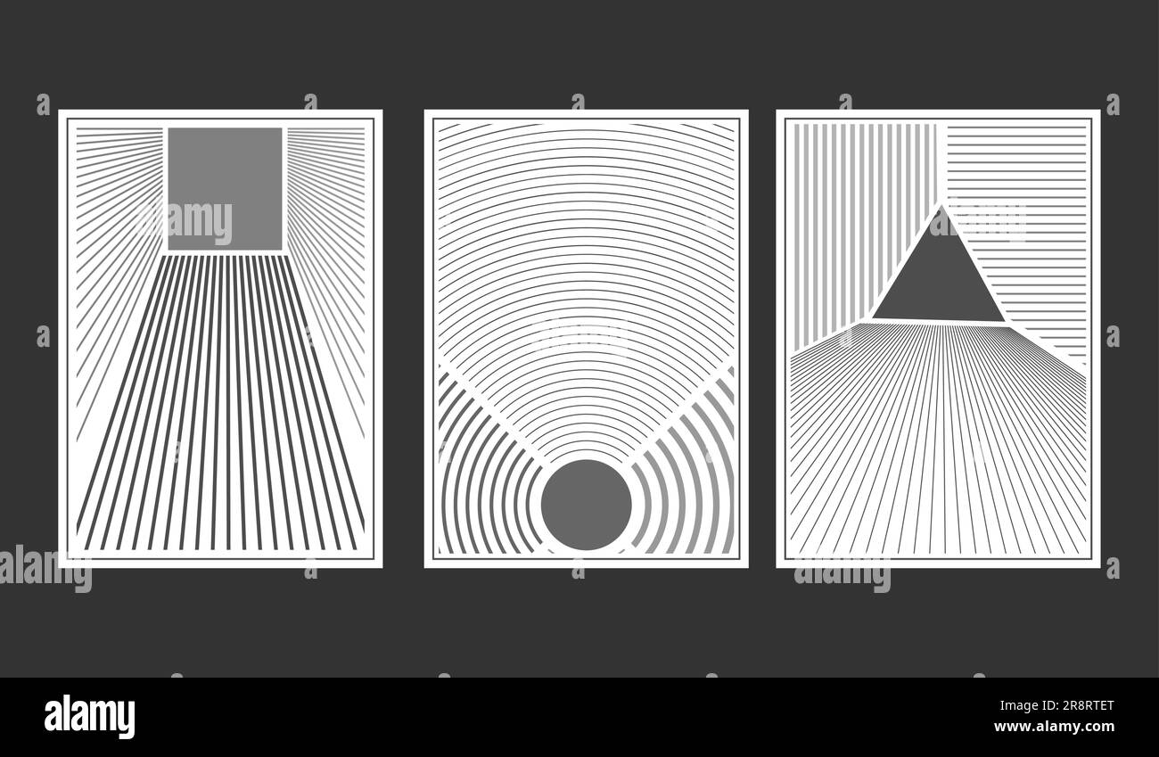 composizione di forme geometriche in tonalità di grigio. Design minimalista per decorazioni d'interni, stampe, cartoline, poster e striscioni. Lineare arbitrario Illustrazione Vettoriale