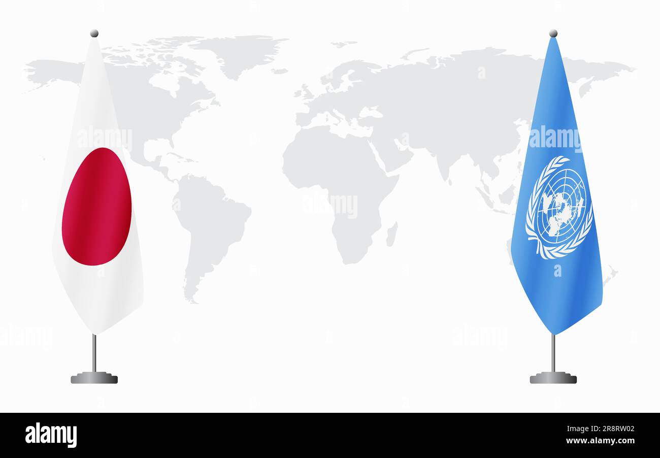 Bandiere del Giappone e delle Nazioni Unite per l'incontro ufficiale sullo sfondo della mappa mondiale. Illustrazione Vettoriale