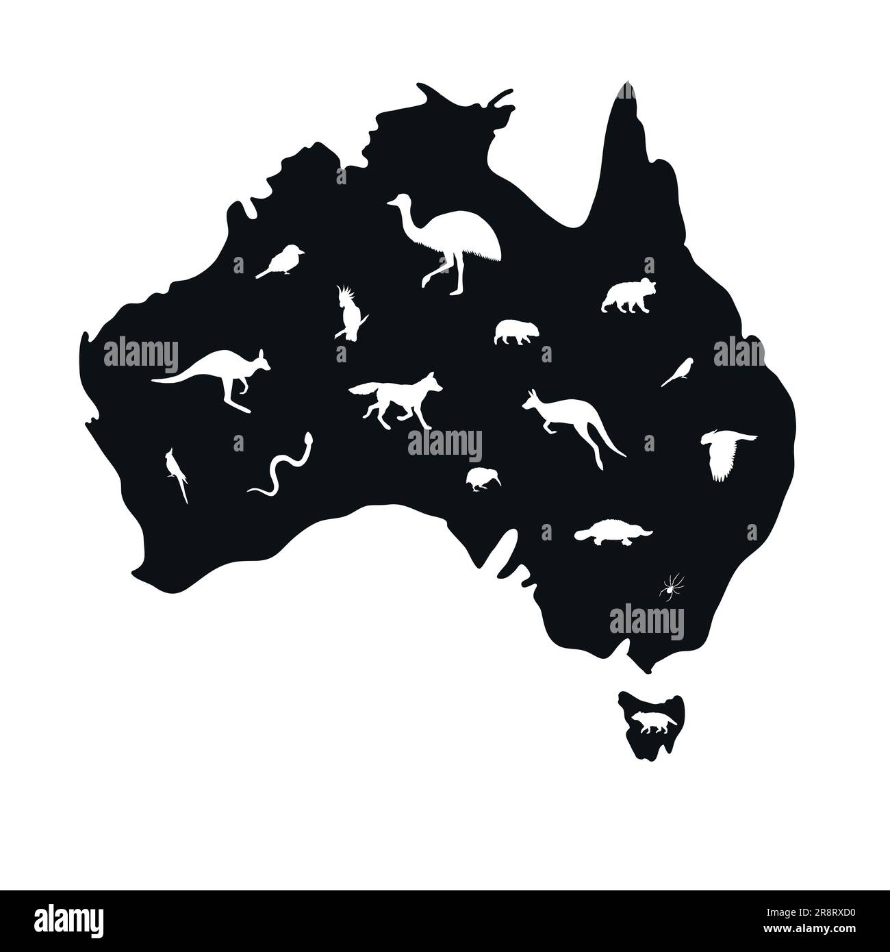 Mappa Vector Australia silhouette con animali isolati su sfondo bianco Illustrazione Vettoriale