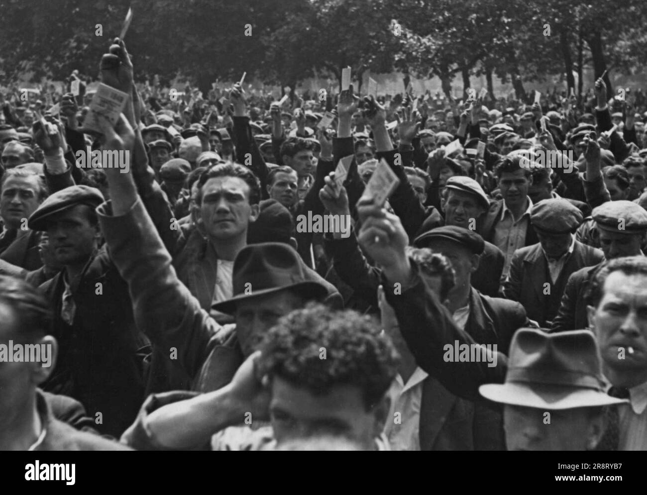 London Dock Strike -- Uno spettacolo di carte sindacali alla riunione di massa dei portuali a Victoria Park, Bothnal Green, Londra, ieri, mostra il voto quasi unanime per continuare lo sciopero. Gli uomini hanno applaudito quando il presidente del loro comitato di esclusione ha esortato: "Raccogliamo questa sfida e lottiamo per la destra”. Vi è stato un solo voto contrario alla risoluzione di fiducia nei leader dello sciopero. 12 luglio 1949. (Foto di Daily Mirror). Foto Stock