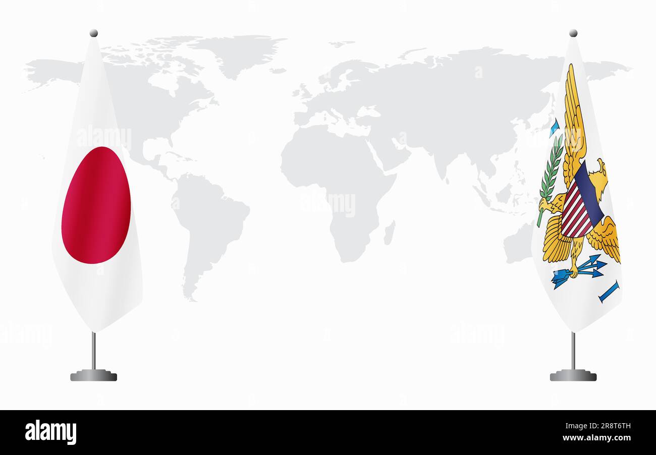 Bandiere delle Isole Vergini americane e del Giappone per l'incontro ufficiale sullo sfondo della mappa mondiale. Illustrazione Vettoriale