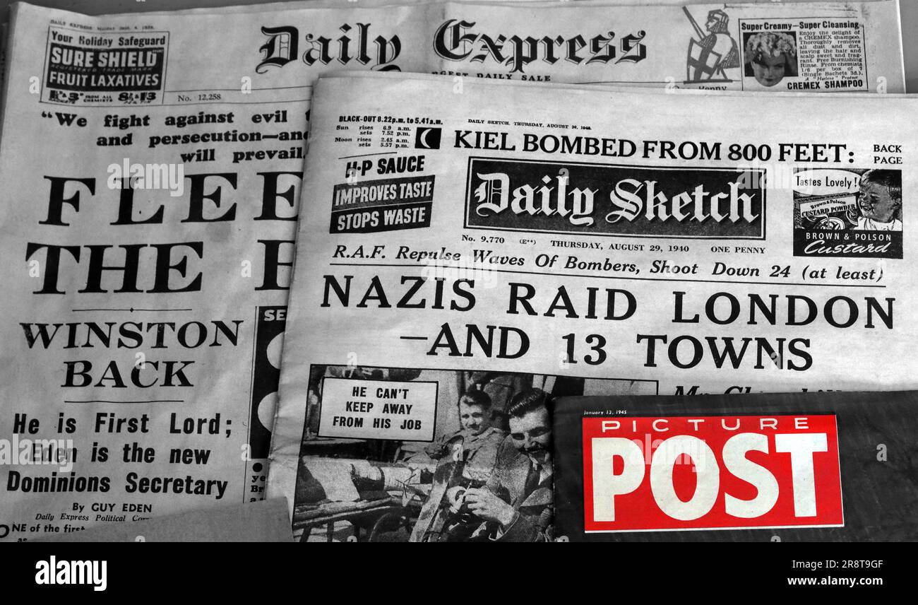 Mix di giornali del tempo della seconda guerra mondiale, Daily Express, Daily Sketch & Picture Post - incursione nazista a Londra e 13 città, Winston Back, Kiel bombardato Foto Stock