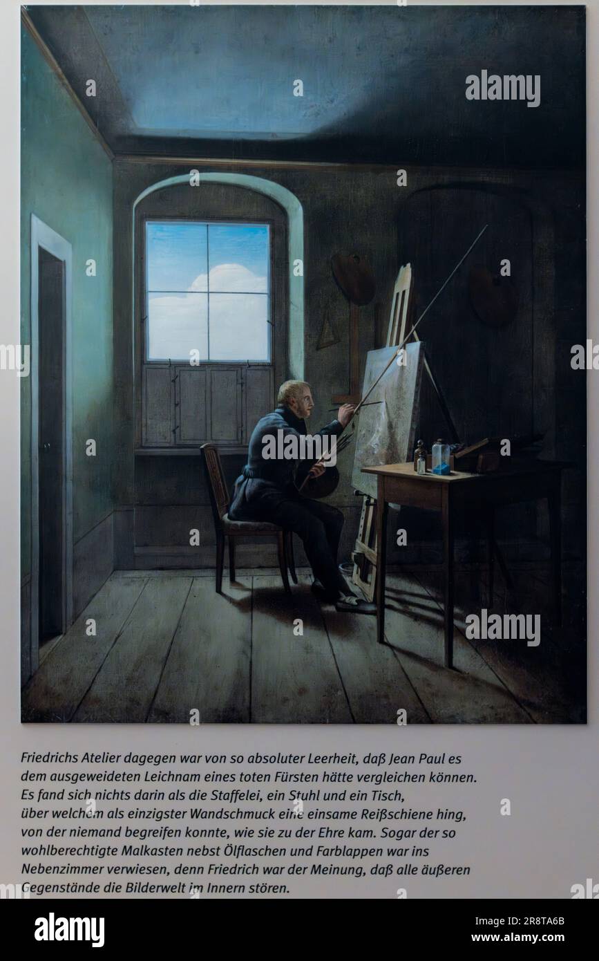 Pittura dello studio del pittore Caspar David Friedrich. La camera con l'aurora boreale è dotata solo degli utensili più necessari e altrimenti è vuota. CDF era del parere che tutti gli oggetti esterni disturbano il mondo delle immagini all'interno. Kügelgenhaus - Museo del Romanticismo a Dresda, Germania Foto Stock