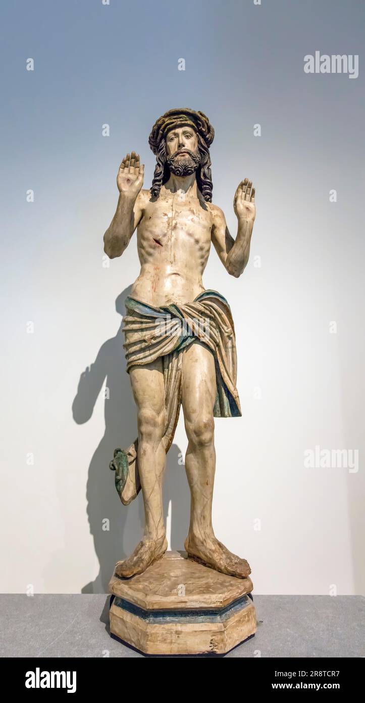 Cristo che mostra la statua in legno delle sue ferite Bavaria 1515 -1520 nel Museo del Louvre di Abu Dhabi, Emirati Arabi Uniti Foto Stock
