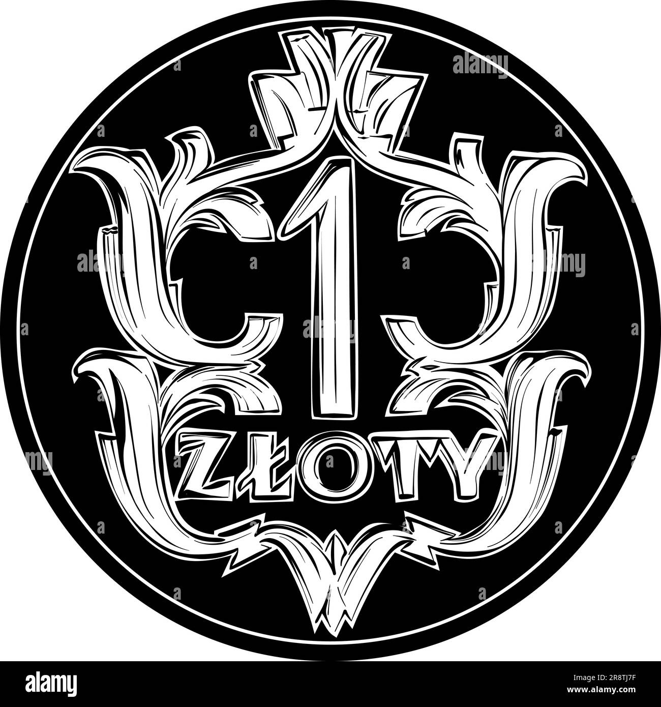 Vettore inverso denaro polacco una moneta d'argento zloty 1929, bianco e nero Illustrazione Vettoriale