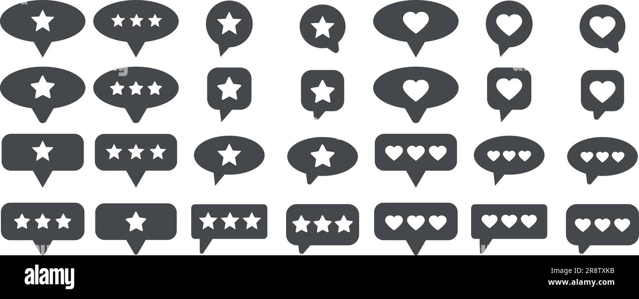 Set di simboli di revisione cliente. Feedback e comunicazione, classificazione delle stelle e come i cuori dei pulsanti in diverse bolle vocali. Com. Positiva e negativa Illustrazione Vettoriale