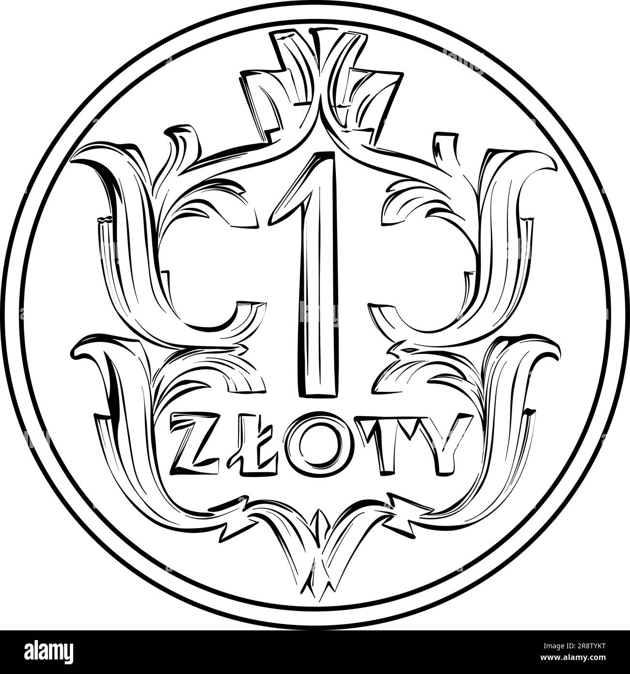 Vettore inverso denaro polacco una moneta d'argento zloty 1929, bianco e nero Illustrazione Vettoriale