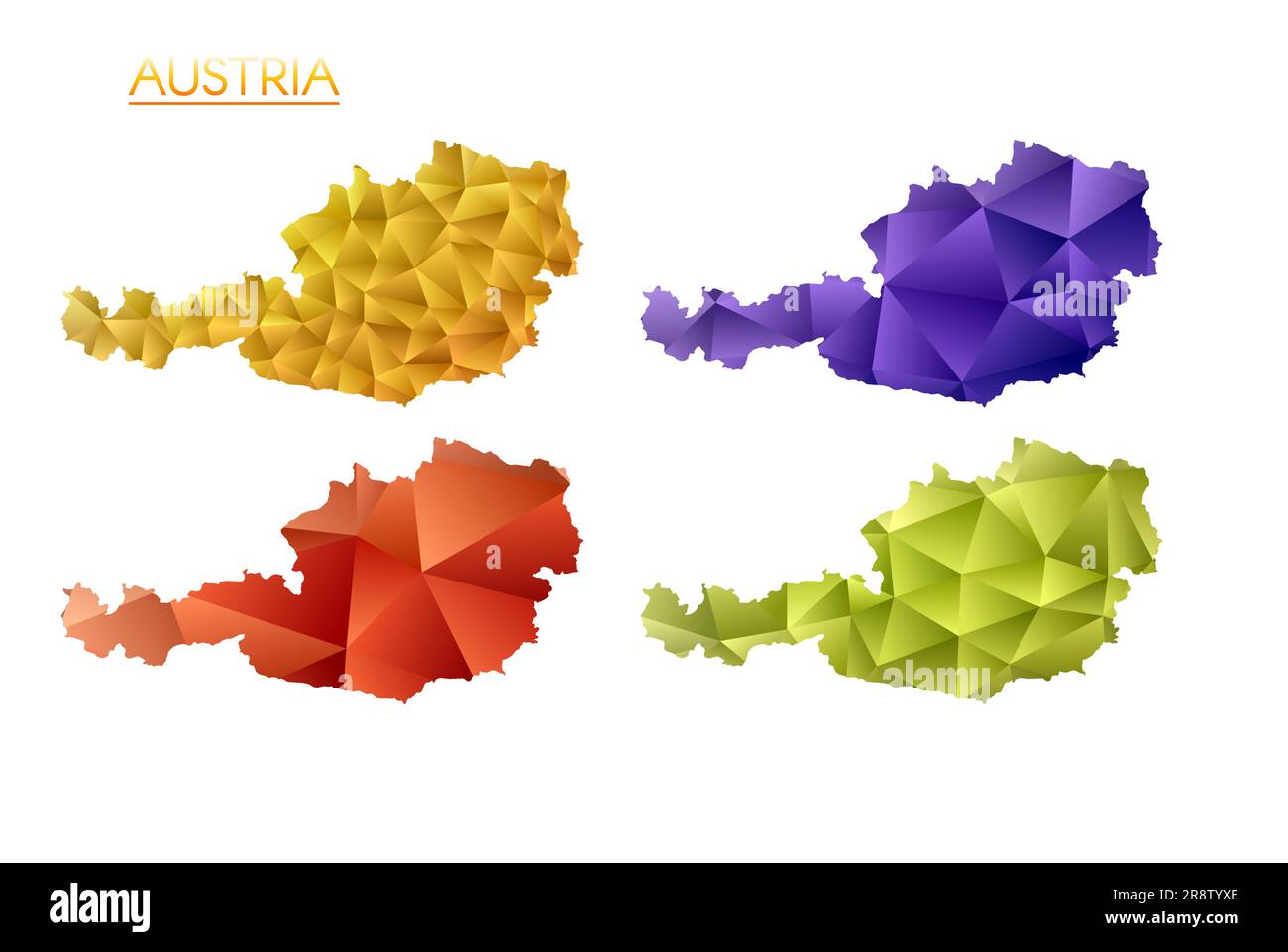 Serie di mappe poligonali vettoriali dell'Austria. Mappa del paese con gradiente luminoso in basso stile polietilene. Illustrazione Vettoriale