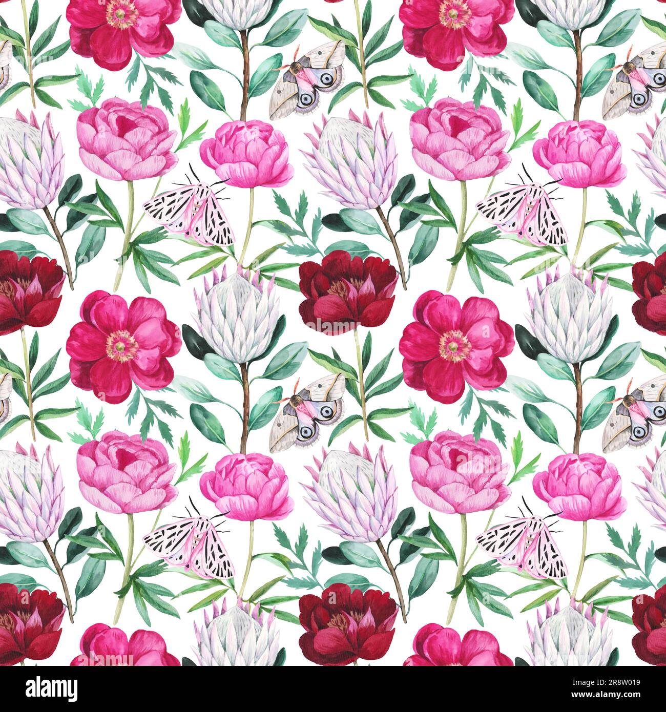 Elegante ed elegante motivo senza cuciture con fiori di peonia, rami protea e farfalle. Illustrazione botanica acquerello, stampa colorata per il design e. Foto Stock