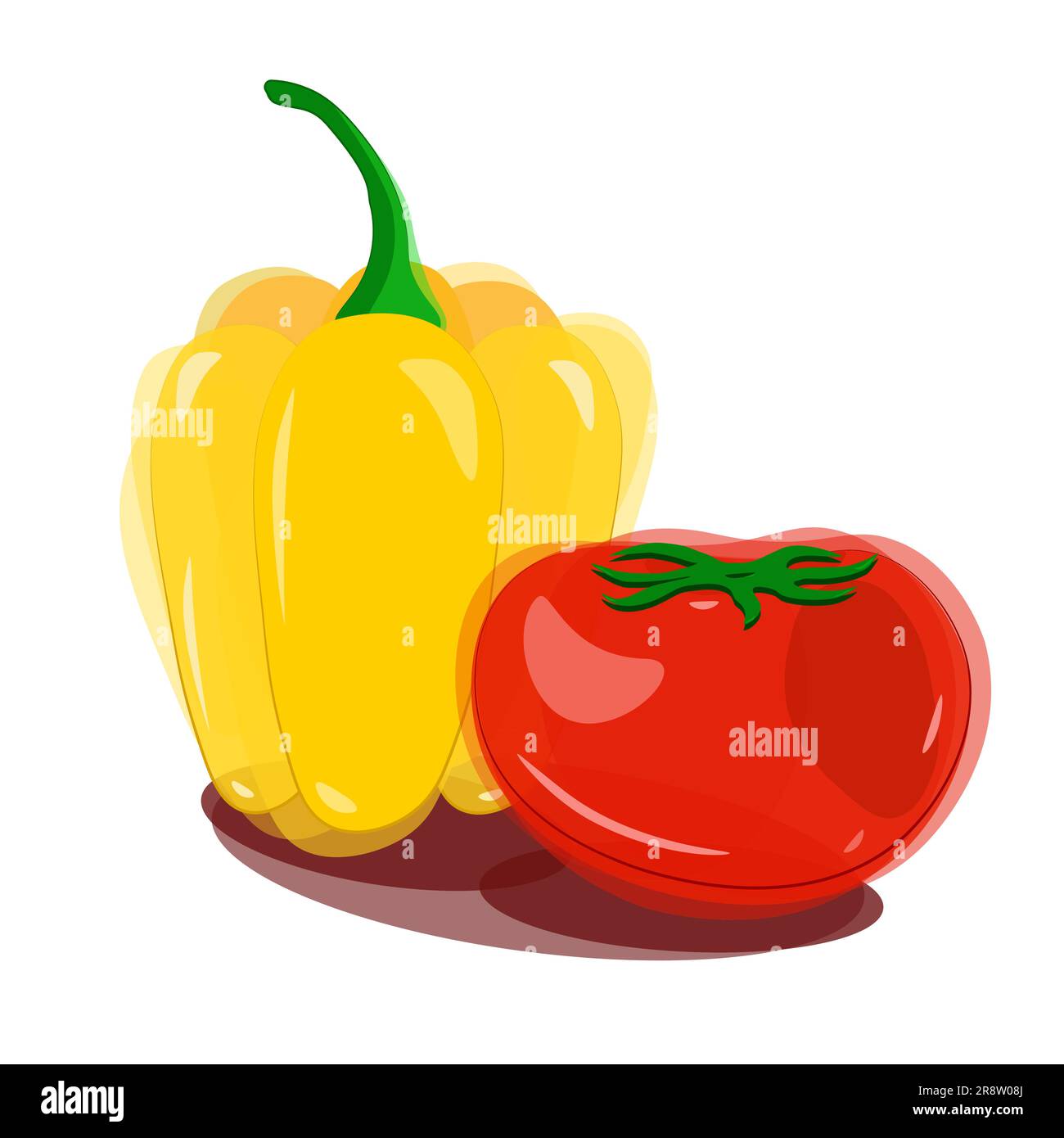 Peperoni gialli con bdices e un pomodoro rosso con coda verde e dettagli ad acquerello. Illustrazione vettoriale delle verdure per un'insalata. Illustrazione Vettoriale