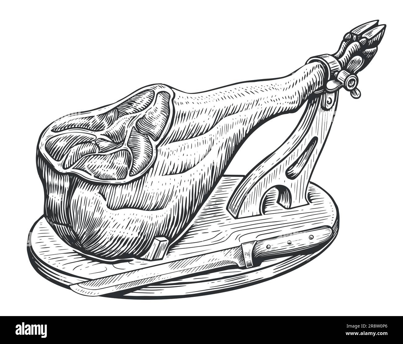 Jamon spagnolo su un cavalletto di legno e un coltello. Prosciutto secco, disegno di cibo per carne. Illustrazione vettoriale incisione vintage Illustrazione Vettoriale